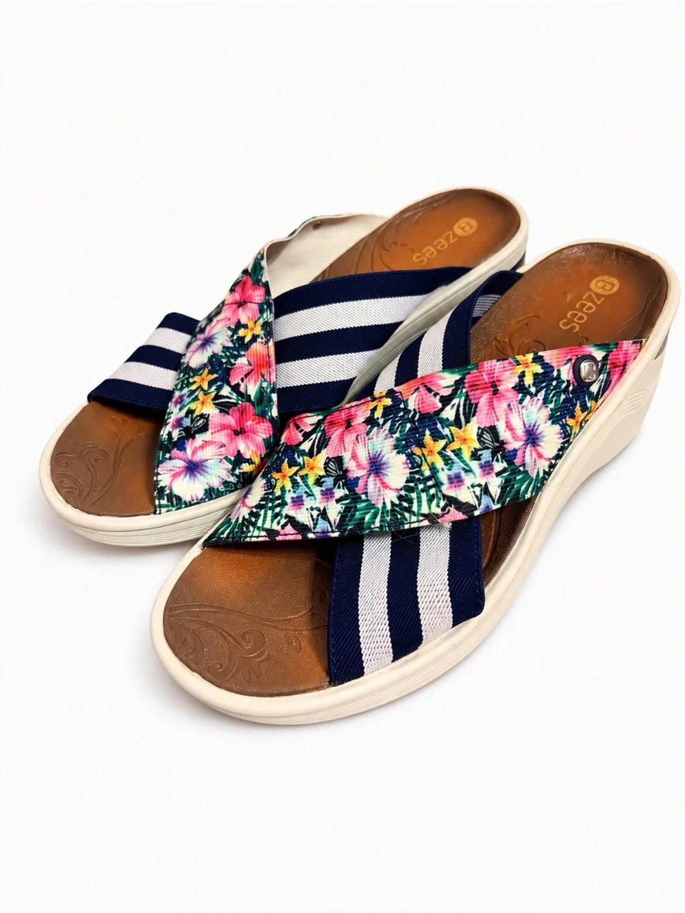 Bzees Desire Floral Striped Crisscross Wedge Sandals Navy White Women’s 9M